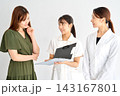 医師と看護師の説明を聞いて考える女性 医師と看護師の説明を聞いて考える女性 143167801