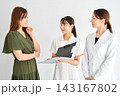 立ったまま医療スタッフの説明を聞く女性 立ったまま医療スタッフの説明を聞く女性 143167802