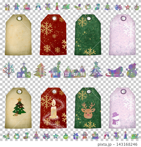 手作り絵の具テクスチャのクリスマスタグとミニアイコン素材セット 143168246