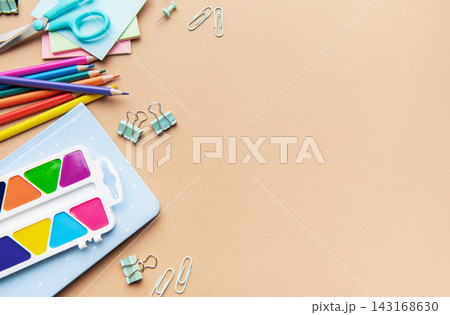 School supplies and stationery items creating a creative learning flat lay School supplies and stationery items creating a creative learning flat lay 143168630