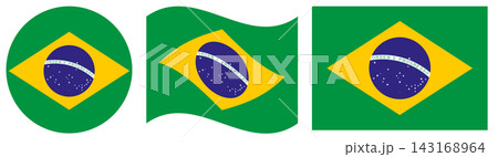 Flags of Brazil collection. Round flag of Brazil isolated in circle and waving shape. 143168964