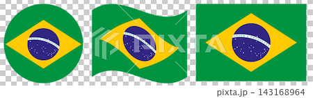Flags of Brazil collection. Round flag of Brazil isolated in circle and waving shape. 143168964