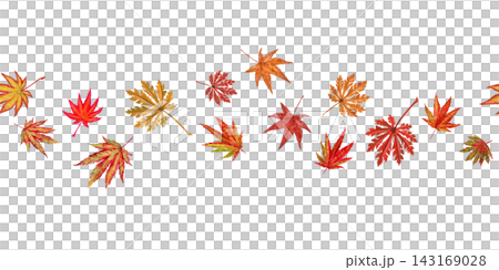 Watercolor seamless border with scattered Asian red maple leaves in warm autumn colors. Light botanical decoration for cards, invitations, stationery, banners, packaging and seasonal layouts Watercolor seamless border with scattered Asian red maple leaves in warm autumn colors. Light botanical decoration for cards, invitations, stationery, banners, packaging and seasonal layouts 143169028