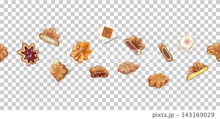 Watercolor horizontal border with maple-shaped sweets and small autumn treats. Warm seasonal food decoration for bakery packaging, cafe menus, cards, banners, labels and gift design Watercolor horizontal border with maple-shaped sweets and small autumn treats. Warm seasonal food decoration for bakery packaging, cafe menus, cards, banners, labels and gift design 143169029