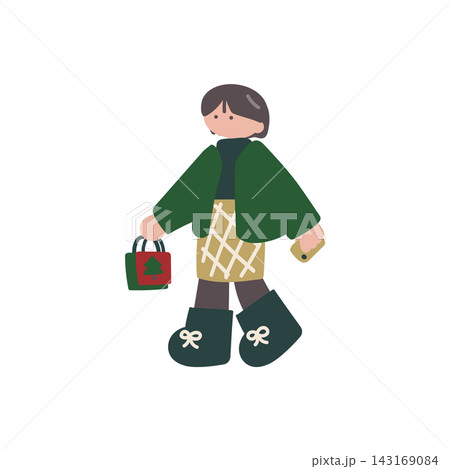 クリスマス買い物をする女性人物手描きベクターイラスト クリスマス買い物をする女性人物手描きベクターイラスト 143169084