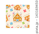 A cute and cozy winter holiday-themed seamless pattern featuring charming gingerbread houses decorated with powdered sugar, lollipops, and festive sweets, interspersed with colorful candy swirls 143169450