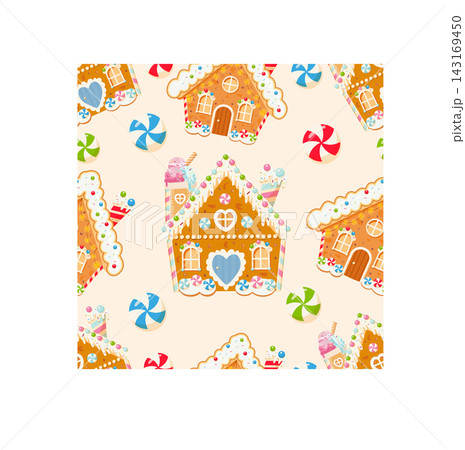 A cute and cozy winter holiday-themed seamless pattern featuring charming gingerbread houses decorated with powdered sugar, lollipops, and festive sweets, interspersed with colorful candy swirls 143169450