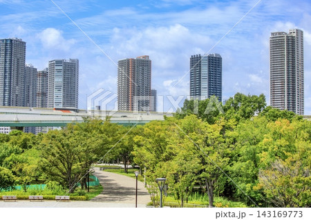東京都、辰巳の森海浜公園越しに眺める東雲のタワーマンション群 143169773