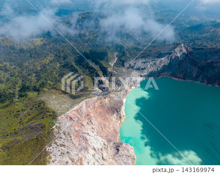 Aerial view of volcanic lake with emerald waters 143169974