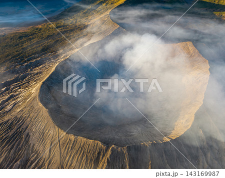 Aerial Sunrise Over Mount Bromo Volcanic Crater Landscape 143169987