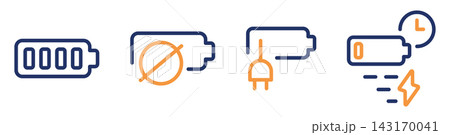 Battery icon set, fast charging, low battery, connect charger, crossed-out battery indicator Battery icon set, fast charging, low battery, connect charger, crossed-out battery indicator 143170041