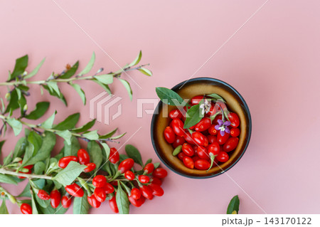 Fresh goji berries in bowl on soft pink background Fresh goji berries in bowl on soft pink background 143170122