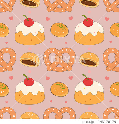 Sweet bakery cake and pretzel seamless pattern dessert repeating tile texture element sticker print visual graphic clipart artwork design icon illustration Sweet bakery cake and pretzel seamless pattern dessert repeating tile texture element sticker print visual graphic clipart artwork design icon illustration 143170179