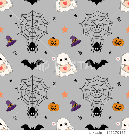 Halloween ghost and bat seamless pattern spooky holiday repeating tile texture element sticker print visual graphic clipart artwork design icon illustration 143170185