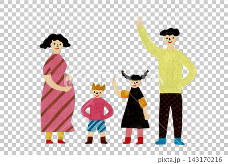 一幅描繪孕婦、兩個孩子和他們父母的家庭插圖。 一幅描繪孕婦、兩個孩子和他們父母的家庭插圖。 143170216