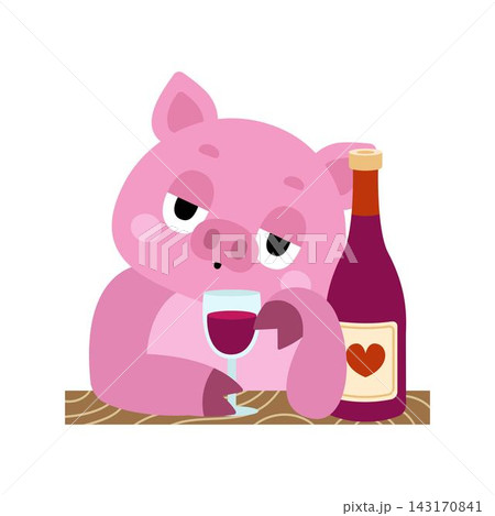 Cute sad pig drinking red wine isolated on white background. Funny piggy cartoon character with wine glass and bottle for heartbreak, solitude, alcohol, bad date, and humor design 143170841