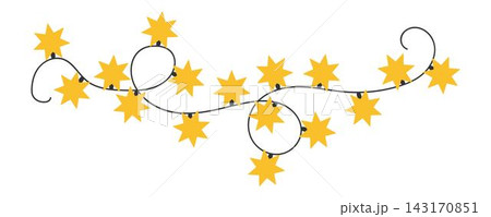 Tangled yellow star string lights isolated on white background. Festive fairy star garland for christmas background and holiday decoration Tangled yellow star string lights isolated on white background. Festive fairy star garland for christmas background and holiday decoration 143170851