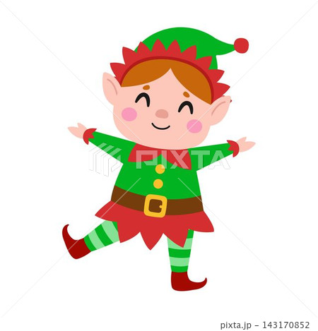 Cute Christmas elf character dancing isolated on white background. Kawaii holiday helper mascot in green costume and hat for winter design and greeting cards Cute Christmas elf character dancing isolated on white background. Kawaii holiday helper mascot in green costume and hat for winter design and greeting cards 143170852