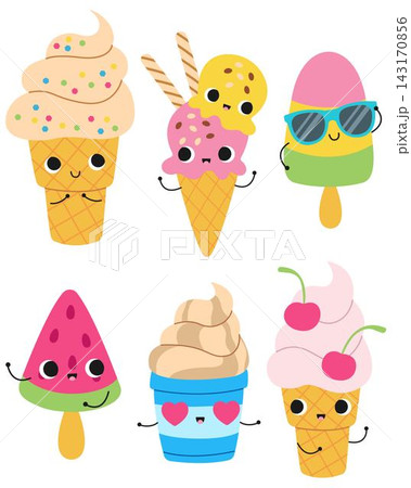 Cute ice cream cartoon character set isolated on white background. Kawaii summer dessert vector collection including waffle cones, popsicles, sundae, and watermelon ice pop with funny faces. 143170856