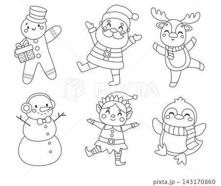 Christmas coloring page set with cute characters for kids isolated on white background. Black line art set featuring santa, reindeer, snowman, gingerbread man, elf, and penguin 143170860