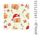 A cute, seamless winter holiday pattern featuring charming gingerbread houses, bright red Santa hats, and striped candy canes 143171131