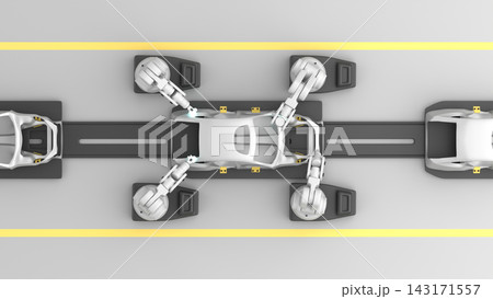 Automotive manufacturing concept from above. Welding robots on an assembly line working on a car frame. 143171557