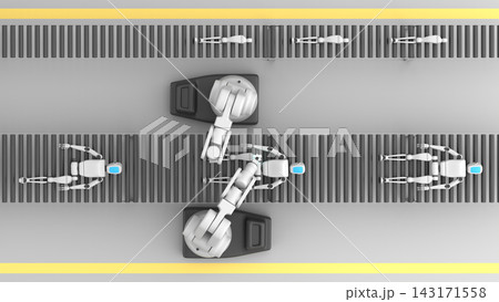 Two robotic hands connecting a leg to a humanoid robot on a conveyor belt 143171558