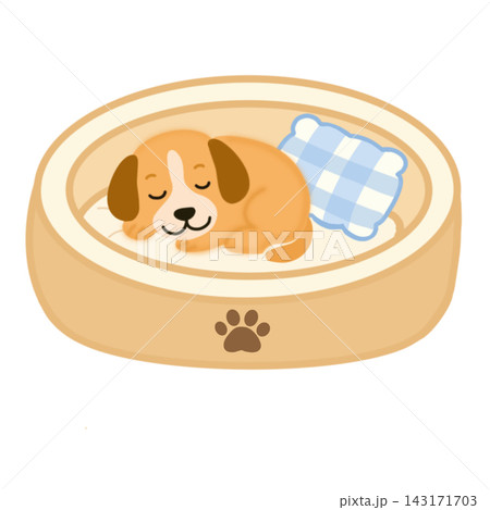 Cute dog sleeping in pet bed cozy puppy relaxation element sticker print visual graphic clipart artwork design icon illustration 143171703