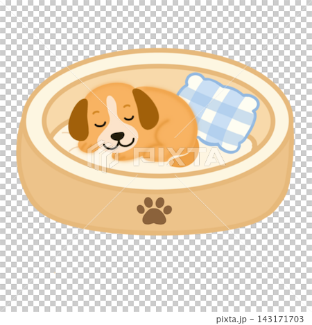 Cute dog sleeping in pet bed cozy puppy relaxation element sticker print visual graphic clipart artwork design icon illustration 143171703