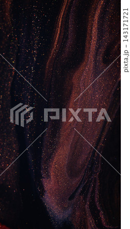 Shiny ink. Acrylic flow. Blur purple red color mix particles sparkling texture glitter fluid floating on abstract art dark background. 143171721