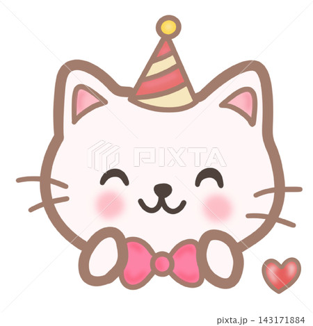Cute cat wearing party hat and bow tie festive pet mascot element sticker print visual graphic clipart artwork design icon illustration 143171884