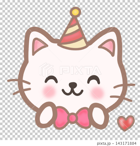 Cute cat wearing party hat and bow tie festive pet mascot element sticker print visual graphic clipart artwork design icon illustration 143171884