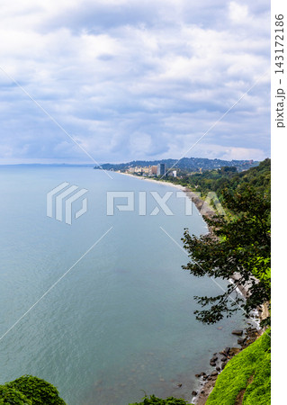 view of Black Sea coast with resort town of Chakva 143172186