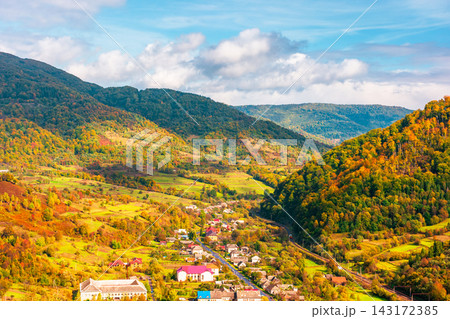 Carpathian mountain landscape on a sunny afternoon. outdoor adventure with stunning view in evening light. outskirts of Volosianka village, Ukraine Carpathian mountain landscape on a sunny afternoon. outdoor adventure with stunning view in evening light. outskirts of Volosianka village, Ukraine 143172385