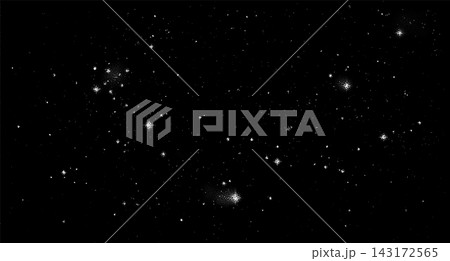 Deep Space Starry Night Sky Background with Stippled Stars, Clusters and Nebulae in Black and White Vector Illustration 143172565