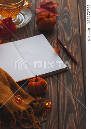 Cozy Autumn Scene Open Notebook Blank Pages Tea Cup Pumpkin Decorations Rustic Wooden Table 143172795