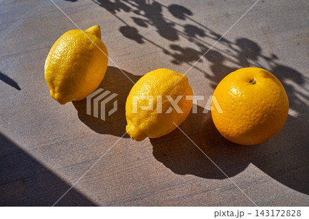 Fresh lemons close-up on concrete pavement in bright summer sunlight, three whole citrus fruits with crisp shadows for food and drink outdoor still life concept Fresh lemons close-up on concrete pavement in bright summer sunlight, three whole citrus fruits with crisp shadows for food and drink outdoor still life concept 143172828