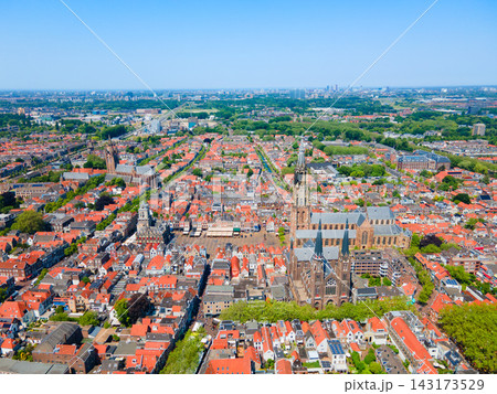 Panoramic aerial view from above Markt square in Delft, Netherlands Panoramic aerial view from above Markt square in Delft, Netherlands 143173529