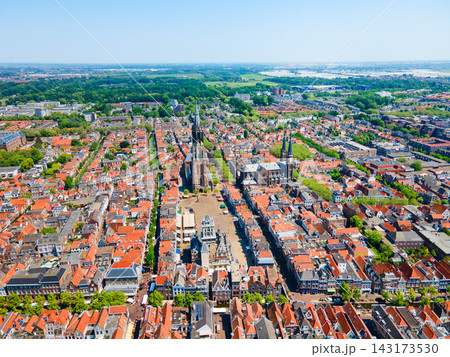 Panoramic aerial view from above Markt square in Delft, Netherlands 143173530