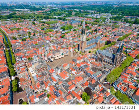 Panoramic aerial view from above Markt square in Delft, Netherlands Panoramic aerial view from above Markt square in Delft, Netherlands 143173531