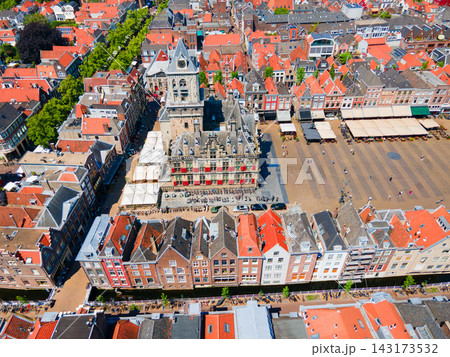 Panoramic aerial view Markt square, Stadhuis city hall in Delft, Netherlands Panoramic aerial view Markt square, Stadhuis city hall in Delft, Netherlands 143173532