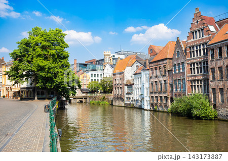 Leie river with houses at Kraanlei in Ghent, Belgium 143173887