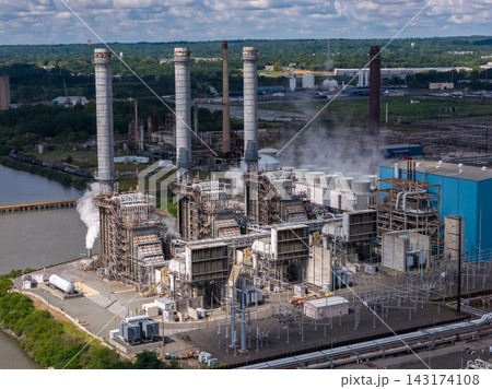 Aerial view of a large industrial energy power station complex Aerial view of a large industrial energy power station complex 143174108