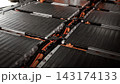 EV car service. Electric vehicle battery pack being serviced or inspected in automotive workshop. Large battery modules and high voltage components. Modern EV power systems. Lithium ion NMC NCA or LFP 143174133