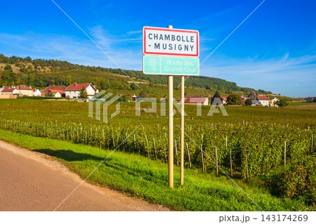 Road sign at Chambolle Musigny on Route des Grands Crus, Burgundy Road sign at Chambolle Musigny on Route des Grands Crus, Burgundy 143174269