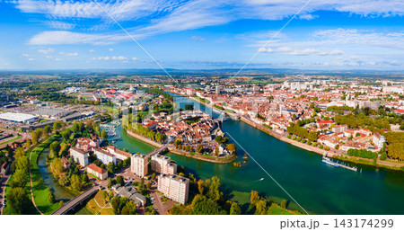 Aerial view of old town and river in Chalon sur Saone city, France Aerial view of old town and river in Chalon sur Saone city, France 143174299