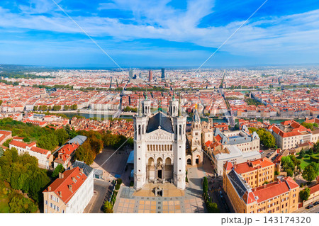 Aerial view of Basilica of Notre-Dame de Fourviere in Lyon, France Aerial view of Basilica of Notre-Dame de Fourviere in Lyon, France 143174320