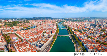 Aerial view of Lyon city centre with rivers in France 143174322