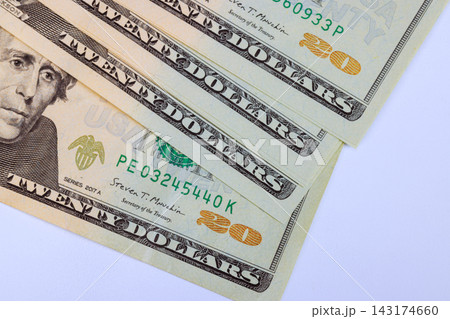 Stack of twenty dollar cash banknote close up issued by National Bank 143174660