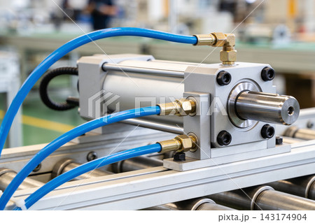 Pneumatic cylinder actuator mounted on a metal conveyor system in a modern industrial factory 143174904